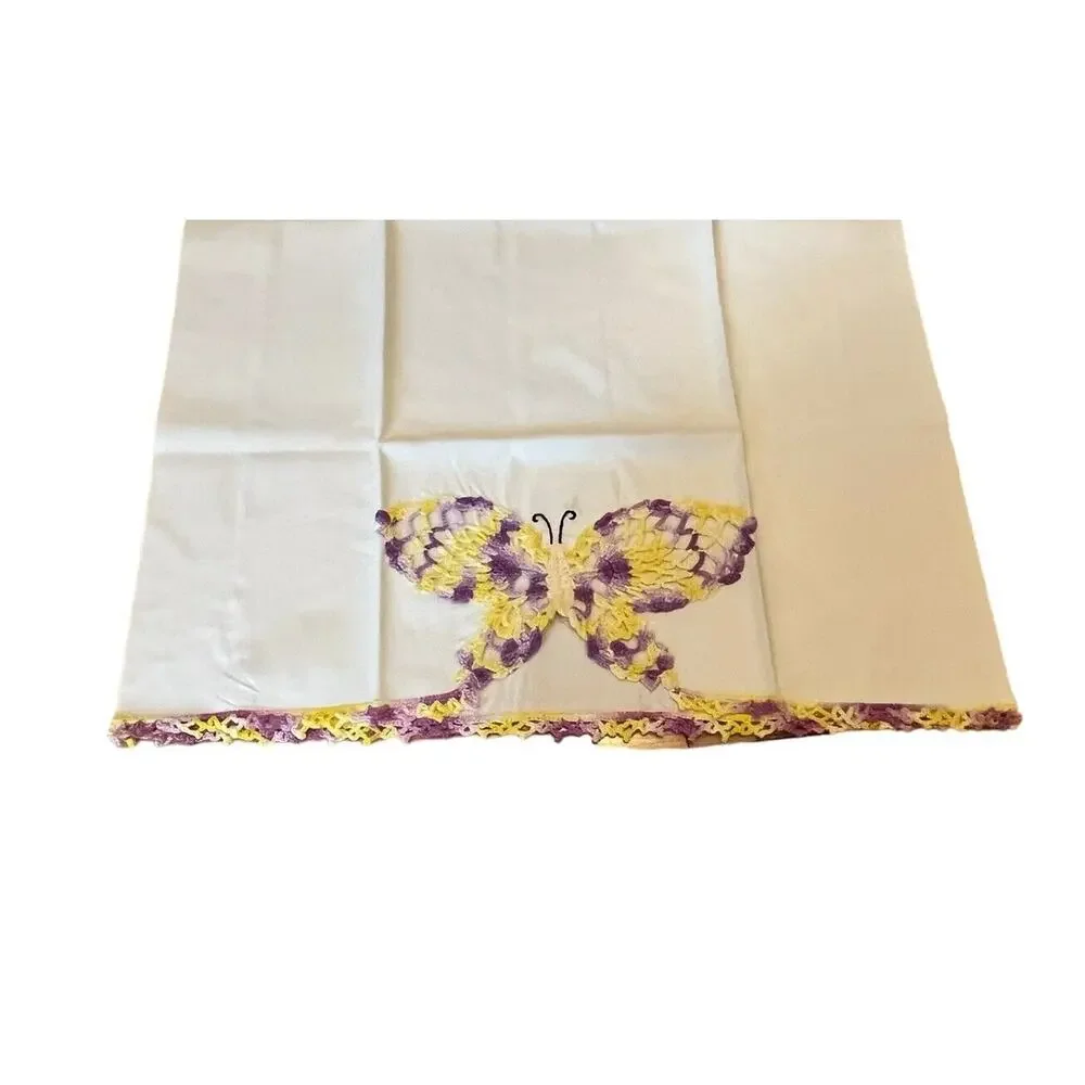 Set NWOT Vintage Hand Crocheted Butterfly Pillowcases 21 x 30” Purple Yellow